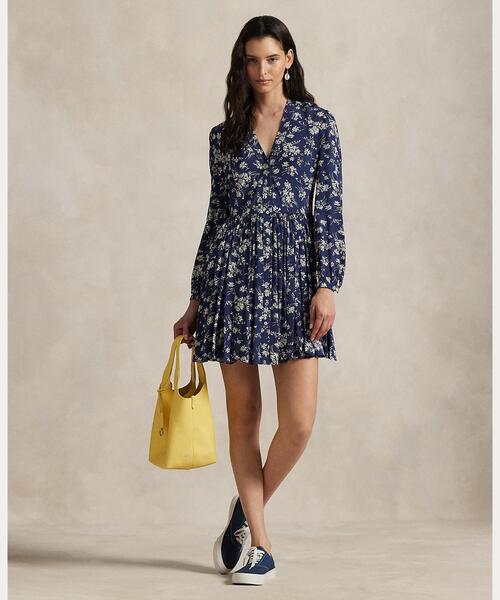 新品未使用LAUREN RALPH LAURENドレス花柄ドレープワンピース POLO RALPH LAUREN ワンピース フローラル ボタンド クレープ