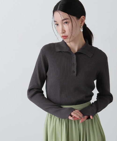 「N.（N. Natural Beauty Basic）」 長袖ポロシャツ MEDIUM チャコールグレー レディース