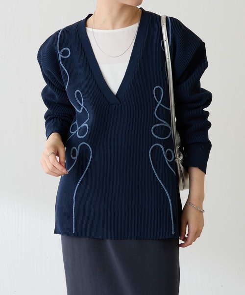 COLLAGE GALLARDAGALANTE 深Vネックニット IENA COLLAGE GALLARDAGALANTE ニット セーター コード刺繍深Vニット