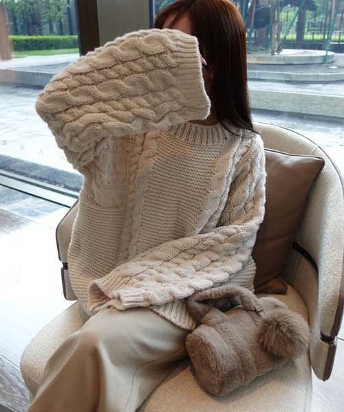 Yuni ケーブルニットセーター 長袖 クリーム unnu（ユヌ） ニット セーター ケーブルオーバーサイズニット