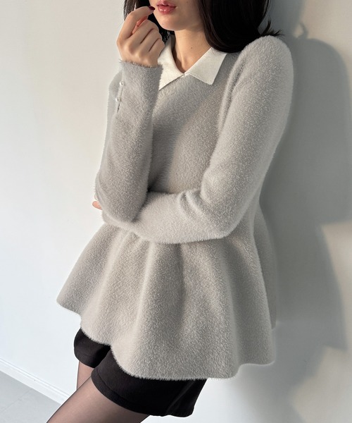 JUNOAH（ジュノア） ニット セーター シャギーペプラムニットトップス