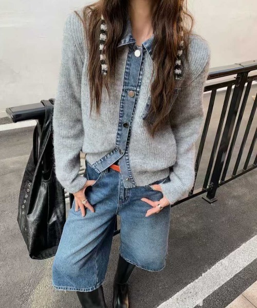 デニム切り替えニット FAVORITO ニット セーター デニム切り替えニットトップス レディース