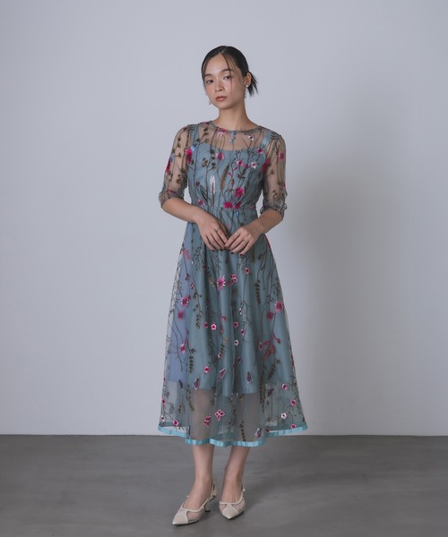 TED BAKER 花柄 刺繍 シフォン ドレス ワンピース フレア 水色 Rose of Sharon ドレス 花柄刺繍シアードレス : ZOZOTOWN Yahoo!店