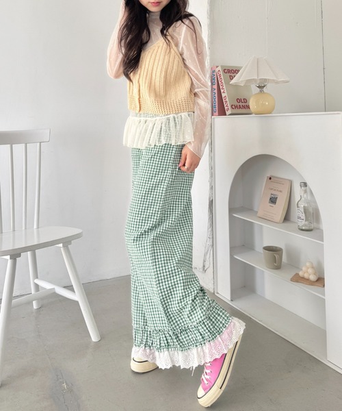 SOLLON.（ソルロン） ワイドパンツ パンツ コットンフリルギンガム 