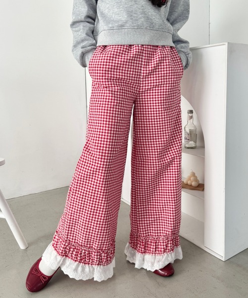 SOLLON.（ソルロン） ワイドパンツ パンツ コットンフリルギンガム