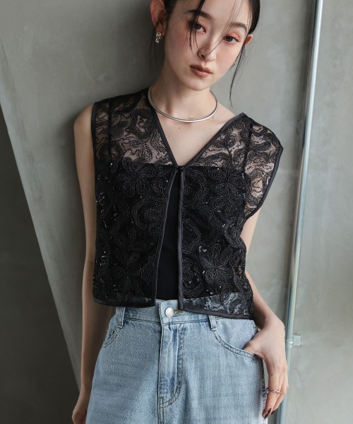 Callarus ベスト ジレ 「単品」スパンコールコードレースジレ