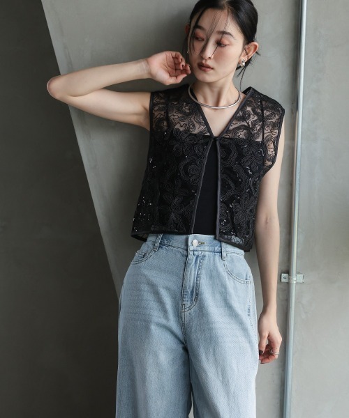 Callarus ベスト ジレ 「単品」スパンコールコードレースジレ