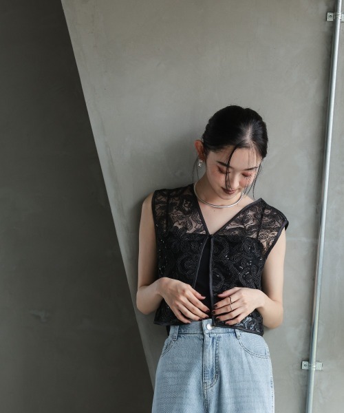 Callarus ベスト ジレ 「単品」スパンコールコードレースジレ