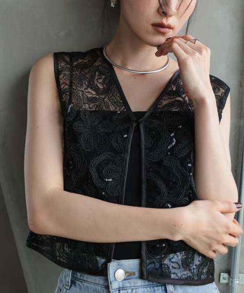 Callarus ベスト ジレ 「単品」スパンコールコードレースジレ
