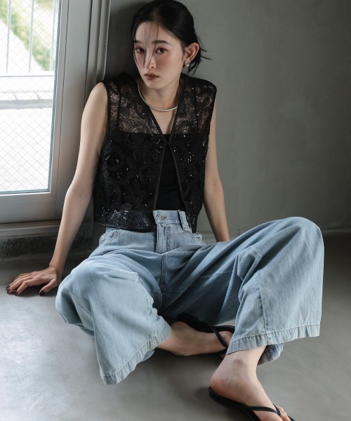 Callarus ベスト ジレ 「単品」スパンコールコードレースジレ