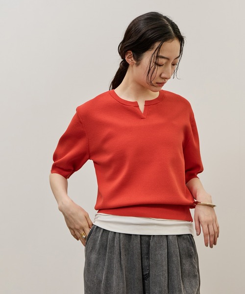 ニット セーター 2WAYキーネックハーフスリーブニット/接触冷感 レディースの画像