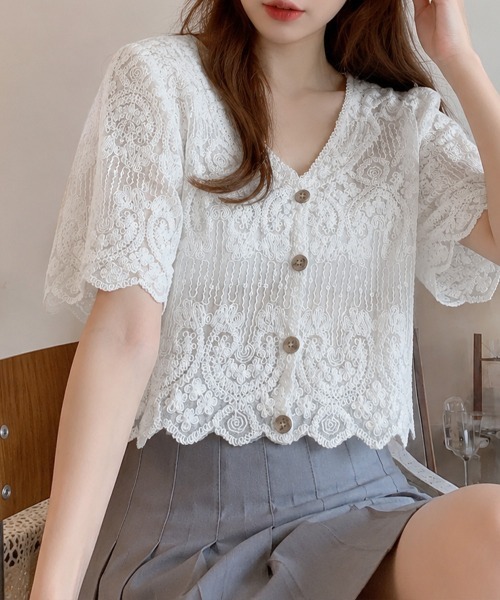 イタリア製美品 ERMANNO SCERVINO 透かしレース刺繍 半袖ニット miniministore（ミニミニストア） ブラウス シャツ 半袖 透かし編み花