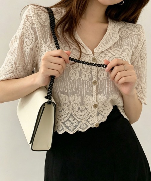miniministore(ミニミニストア) ブラウス シャツ 半袖 透かし編み花 miniministore(ミニミニストア) ブラウス シャツ 半袖 透かし編み花