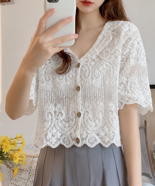 miniministore（ミニミニストア） ブラウス シャツ 半袖 透かし編み花