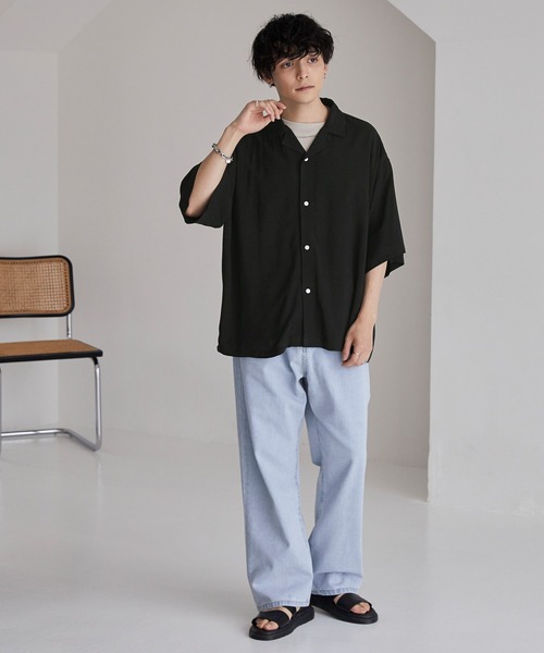 レーヨンとろみシャツ Loose シャツ ドレープトロミ ローズ刺繍シャツ メンズ