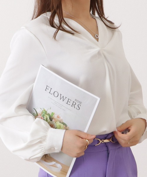 Lace Ladies ブラウス シャツ サテン調Vネック絞りギャザー