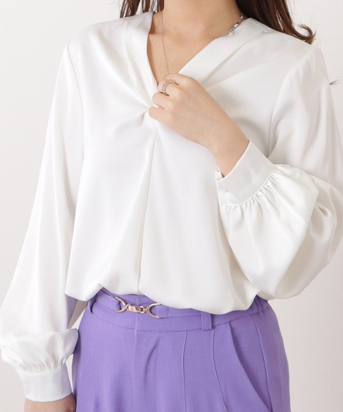 Lace Ladies ブラウス シャツ サテン調Vネック絞りギャザー