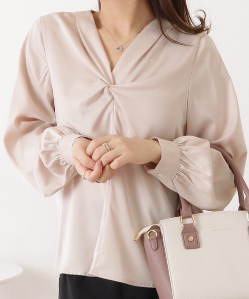 Lace Ladies ブラウス シャツ サテン調Vネック絞りギャザー