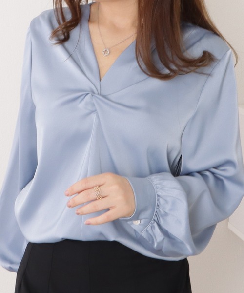 Lace Ladies ブラウス シャツ サテン調Vネック絞りギャザー