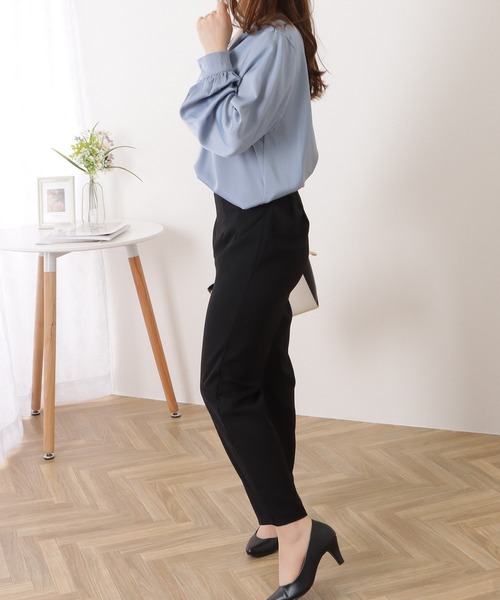 Lace Ladies ブラウス シャツ サテン調Vネック絞りギャザー