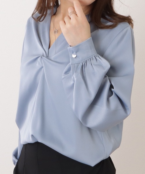 Lace Ladies ブラウス シャツ サテン調Vネック絞りギャザー
