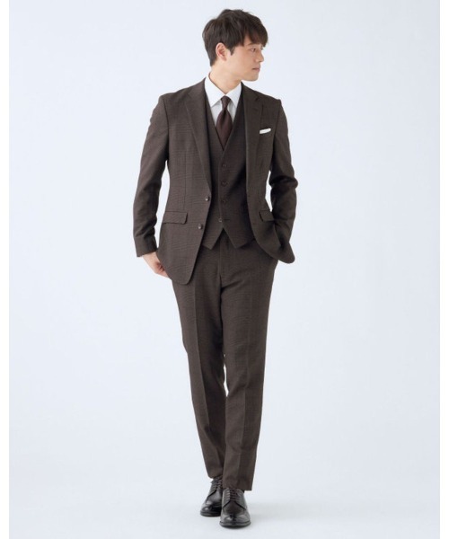 【うっちー】スーツ セットアップ スリーピース ブラウン 1B チェック SUIT SELECT セットアップ 「SLIM TAPERED_2」秋冬スリーピース
