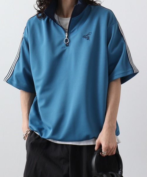 SUGGESTION tシャツ ハチ刺繍サイドライン半袖ハーフジップ メンズ