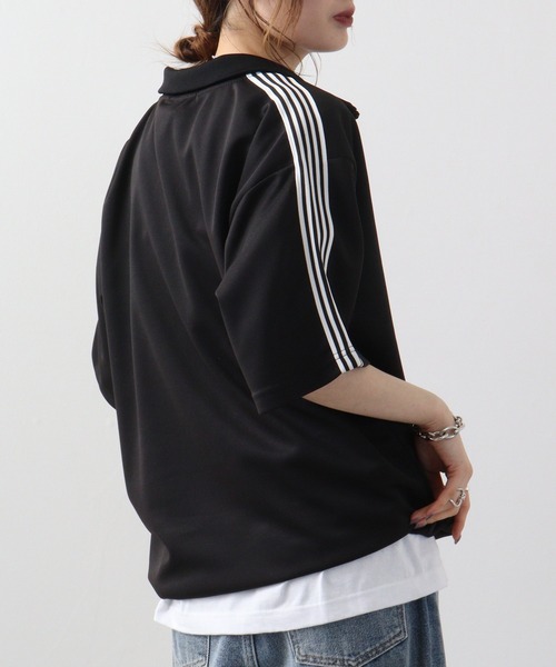 木もれび SUGGESTION tシャツ ハチ刺繍サイドライン半袖ハーフジップ