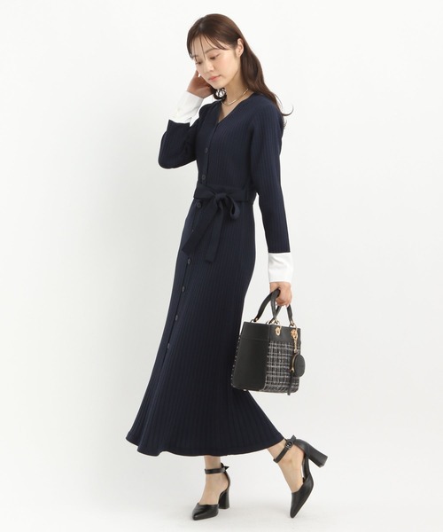 ★全２色★パフスリーブ リブニット ワンピース タイト スリット ウエストりぼん付きパワーショルダーリブニット×フラワー