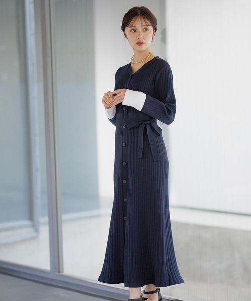 Sov. ソブ　半袖パフスリーブロングニットワンピース 38 Mアイボリー Andemiu ワンピース リブソデカフスニットワンピース291802