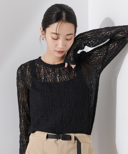 NANO universe ナノユニバース　レースアップクレーターロングトップス NANO universe tシャツ シアーレースカットトップス レディース