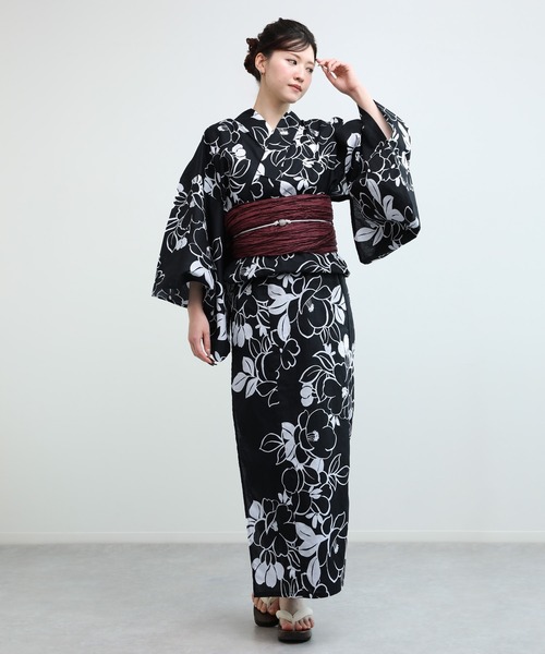 浴衣4点セット aimoha（アイモハ） ゆかた 浴衣 花模様コットン浴衣4点セット ゆかた