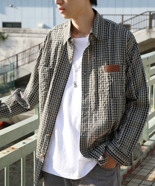 チェック柄 ユニセックス シャツ L/XL シャツ HOOK -original- 古着風ジャカードチェック柄シャツ メンズ