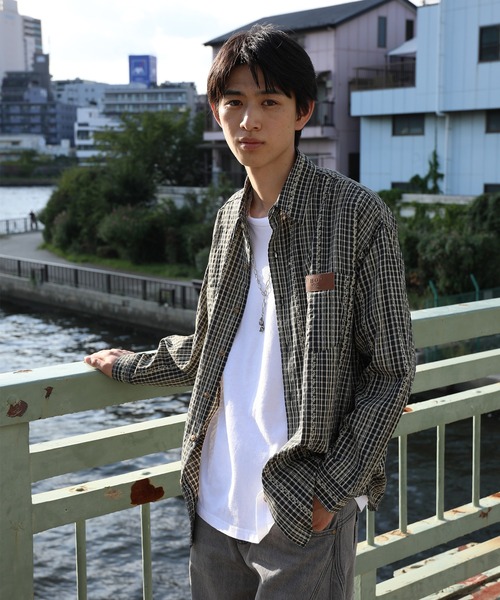 ヴィンテージ レトロ古着 バタフライ花柄チェック柄シャツ 青系 七分袖リメイク PATY シャツ チェックシャツ 長袖 メンズ レディース 配色 切り替え