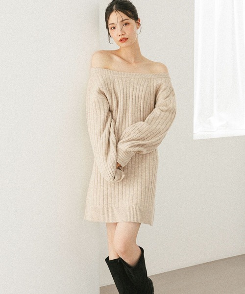 Heather（ヘザー） ワンピース Vネックオフショルニットミニワンピース