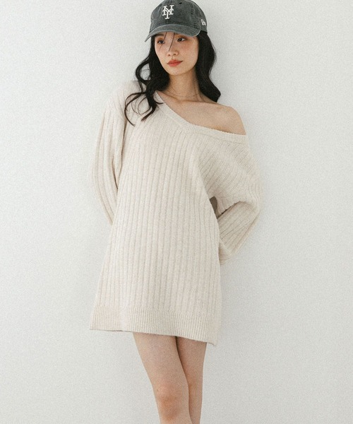 Heather（ヘザー） ワンピース Vネックオフショルニットミニワンピース