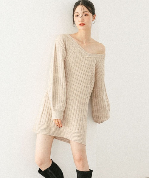 Heather（ヘザー） ワンピース Vネックオフショルニットミニワンピース