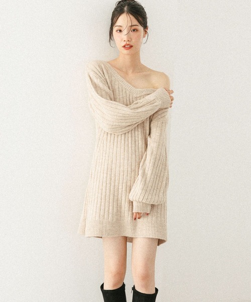 Heather（ヘザー） ワンピース Vネックオフショルニットミニワンピース