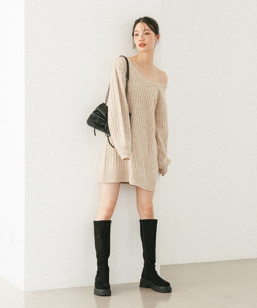 Heather（ヘザー） ワンピース Vネックオフショルニットミニワンピース
