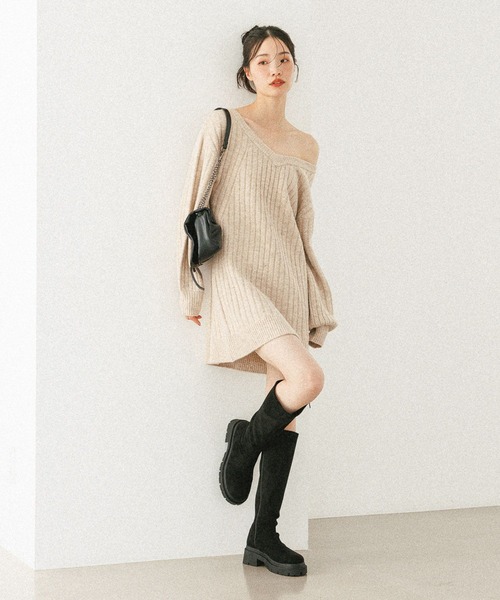 Heather（ヘザー） ワンピース Vネックオフショルニットミニワンピース