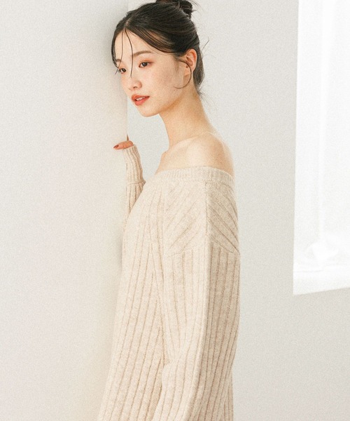 Heather（ヘザー） ワンピース Vネックオフショルニットミニワンピース
