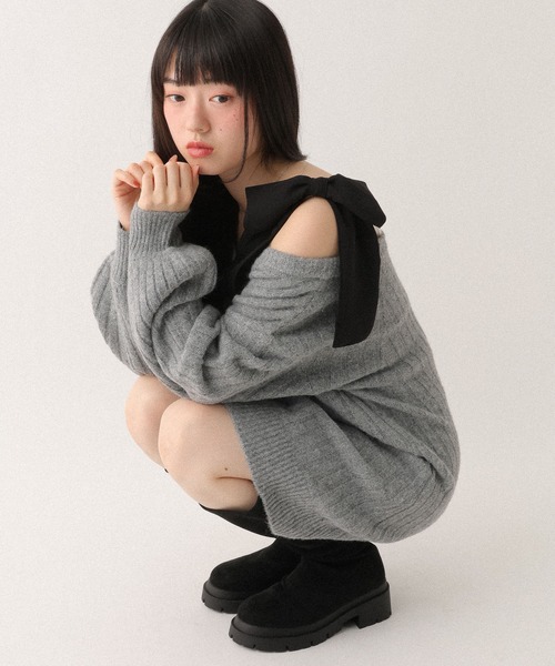 Heather（ヘザー） ワンピース Vネックオフショルニットミニワンピース