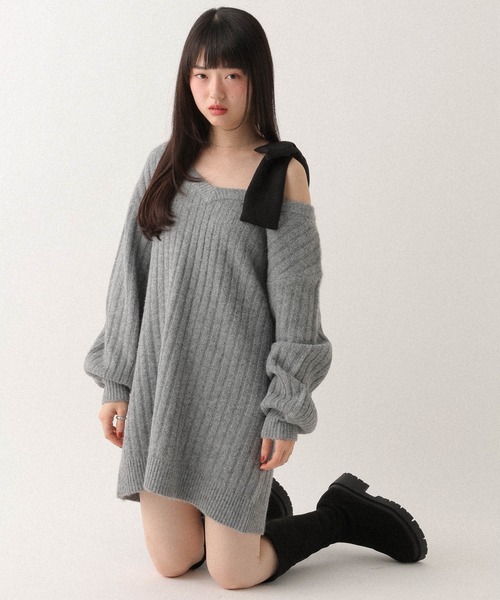 Heather（ヘザー） ワンピース Vネックオフショルニットミニワンピース