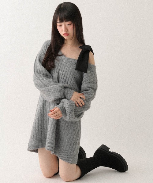 Heather（ヘザー） ワンピース Vネックオフショルニットミニワンピース