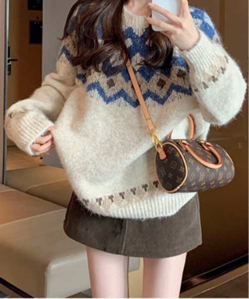 calme miske ニット Maison Calme ニット セーター ノルディック柄ニットプルオーバー
