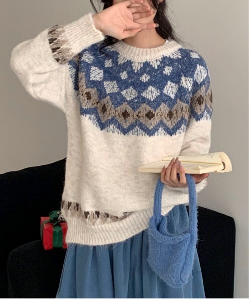 Maison Calme ニット セーター ノルディック柄ニットプルオーバー