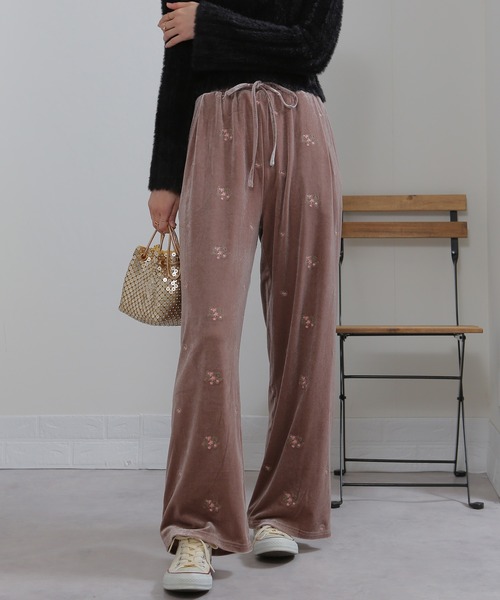 pumpkin port（パンプキンポート） パンツ 花柄刺繍 ベロア イージー