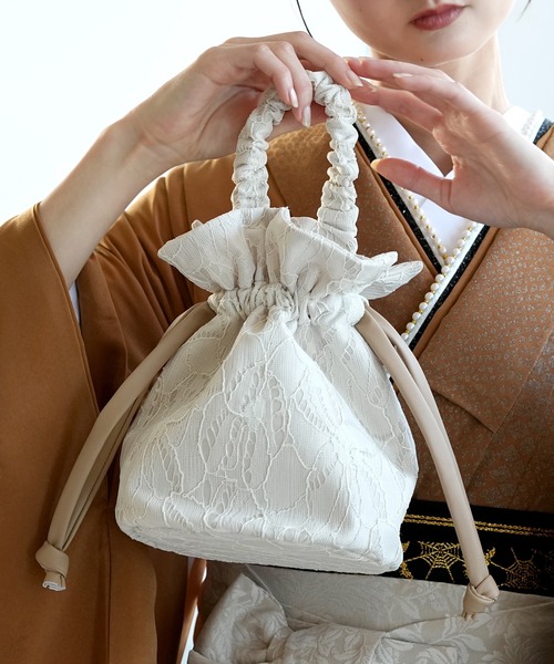 utatane ハンドバッグ 巾着バッグ レザー調コード 日本製 レース