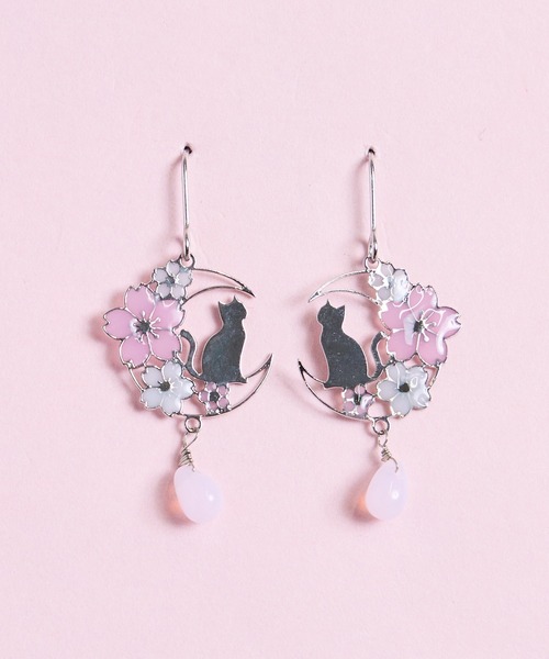 ☆❤️ 猫　黒ねこ　ハート　桜　パール　ピアス　イヤリング　ハンドメイド gargle（ガーグル） ピアス ガーグル：SAKURAシリーズ ネコと夜桜