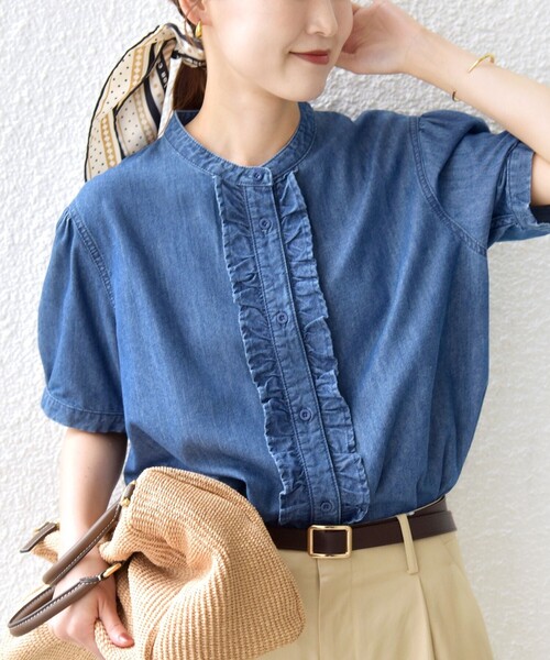 【新品】SHIPS　フリルブラウス　レディース　半袖〜七分袖　春夏 SHIPS（シップス） ブラウス シャツ 「手洗い可能」ストライプ フリル